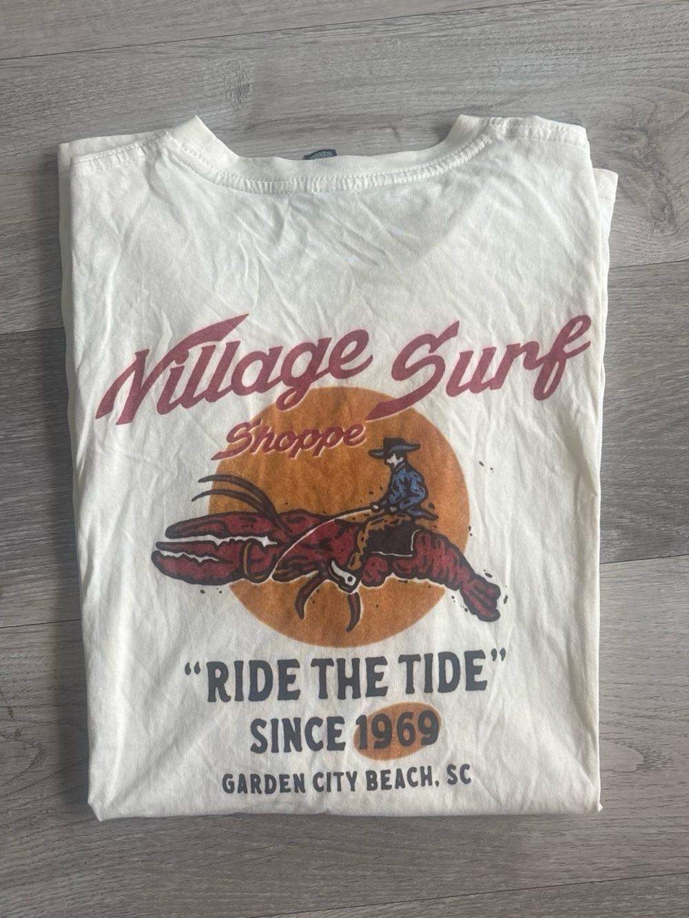 Village Surf Shoppe "Ride The Tide" Graphic Tee - White with Rust & Mustard